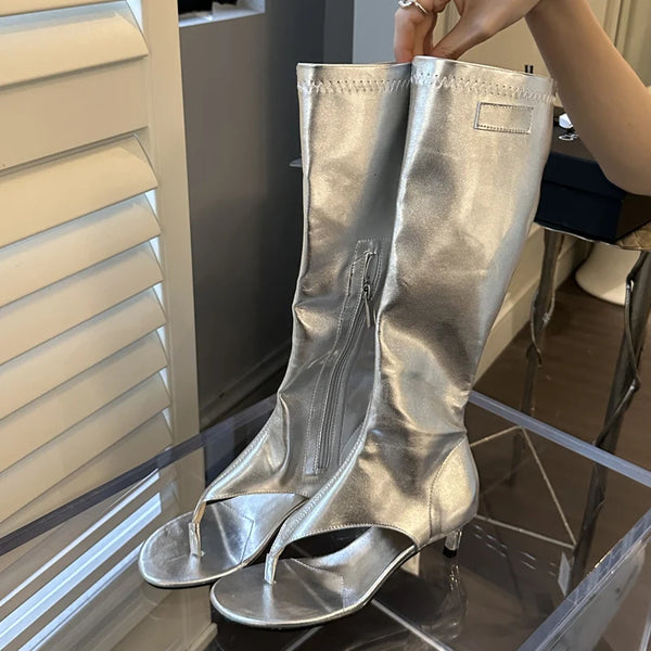 Designer Clip Toe Low Heels Knee High Boot Sandals Woman