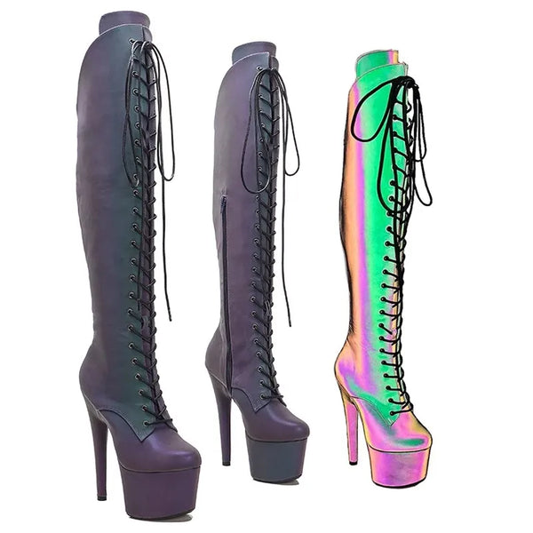 Botas largas de tacón alto con plataforma para fiesta, de PU, 17 cm/7 pulgadas, para mujer