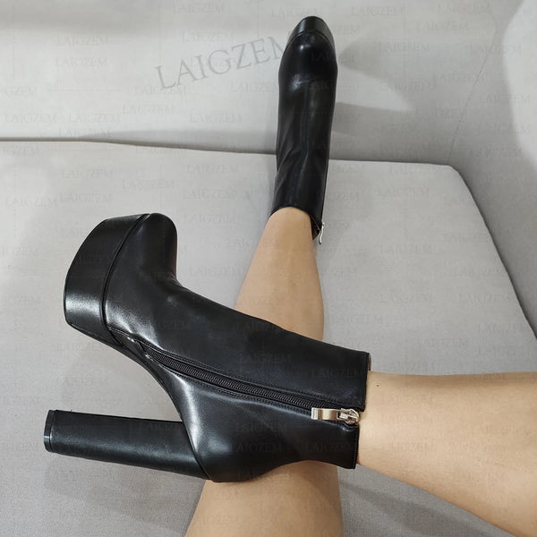 Women Ankle Boots Platform Side Zip Thick High Heels Short Booties