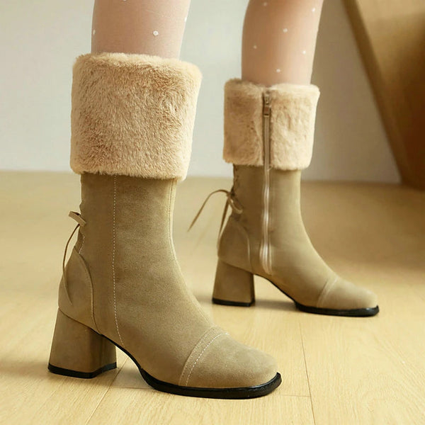 Square Heel Ladies Short Boots Flock Zipper Dress Shoes Plush Warm Winter Fashion Women Boots