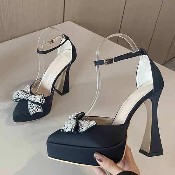 Spring Women Pumps Fashion Design White Pearl Bowknot High Heels Platform Sandals