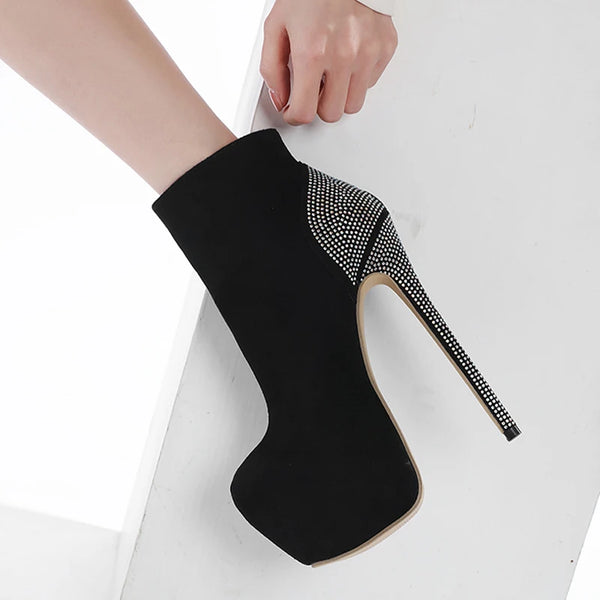 Fashion Autumn Winter CRYSTAL Zipper Women Ankle Boots Round Toe Extreme Thin Heels