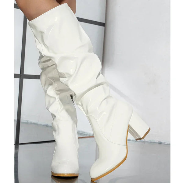 Spring Autumn Fashion Pleated Round Toe  Women Knee-High Boots Zipper Square High Heels