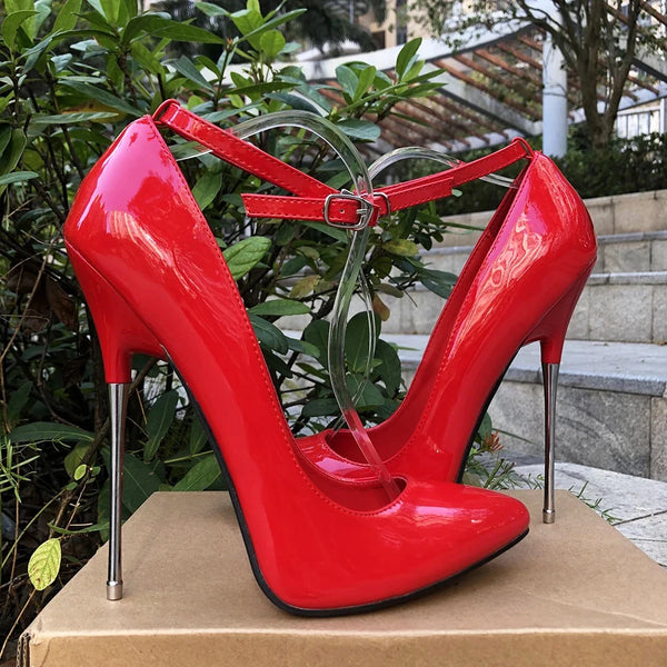 Red 16cm Metal High Heels Stilettos Red inside Sexy Women Fetish Ankle Strap Pumps