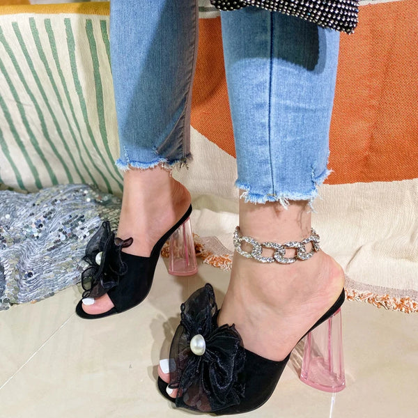Mesh Flower Transparent Round Heel Slippers Woman Peep Toe Mules Lady Pumps