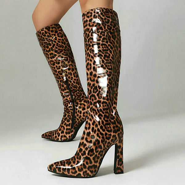 Winter Women Knee High Boots Pointed Toe Square High Heel Ladies Calf Boots PU