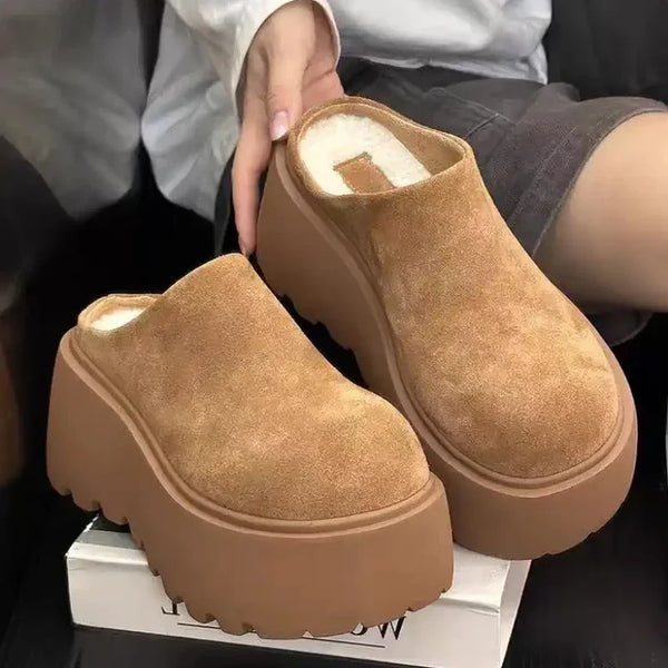 Pantuflas tipo mules de algodón cálido para mujer con tacón de plataforma vintage