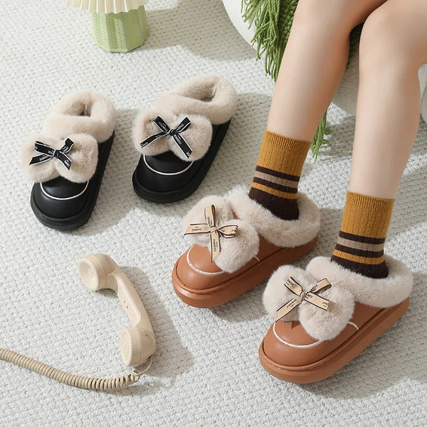 Winter Warm Fluffy Bowknot Round Toe EVA Indoor Household Slippers