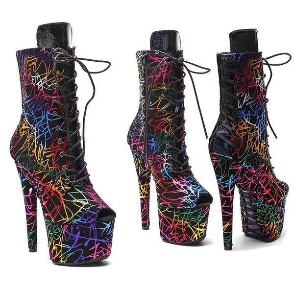Botas modernas de tacón alto con plataforma para mujer, de 17 cm/7 pulgadas, con parte superior de PU, para fiesta