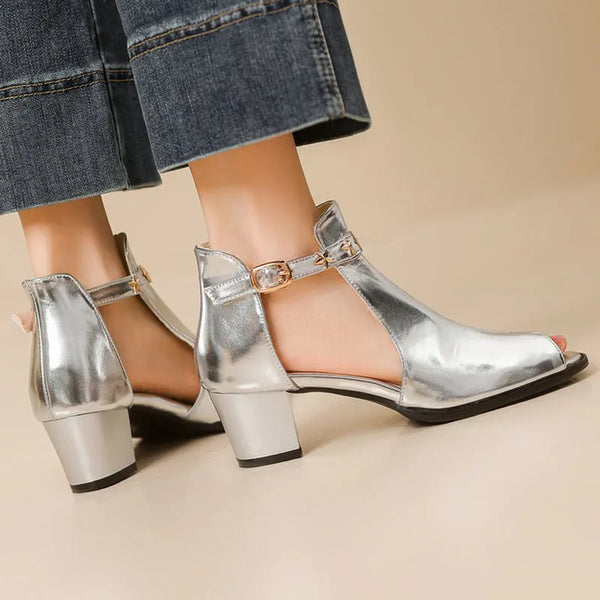 New  Summer Women High Heel Shoes Open Toe Square Heel Ladies Sandals Women Shoes Gold Silver