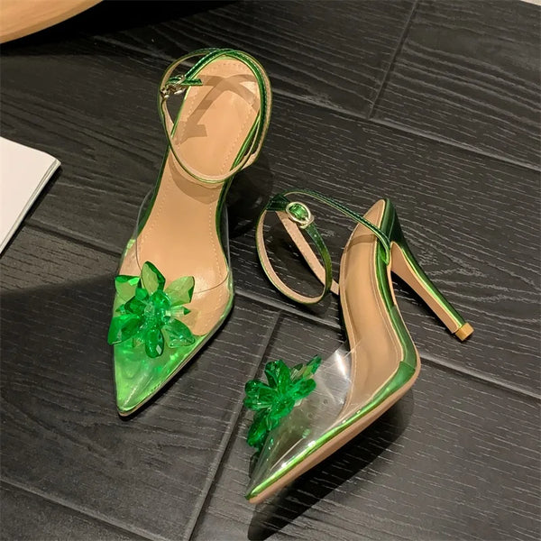 New Style Green Crystal Flower Women Pumps Sexy Pointed Toe High Heels
