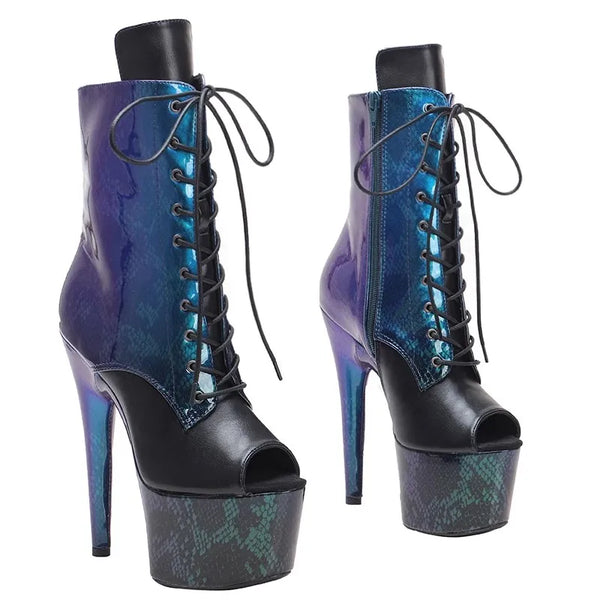 Botas modernas de tacón alto con plataforma para mujer, parte superior de PU azul, 17 cm/7 pulgadas, para fiesta