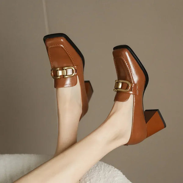 Square High Heels Loafers Women Autumn Chunky Platform Pumps