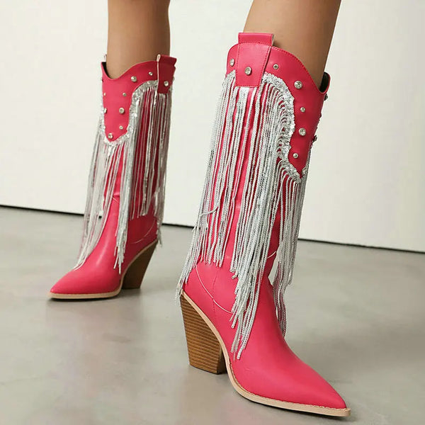Women Knee High Boots Pointed Toe Square High Heel Ladies Western Boots