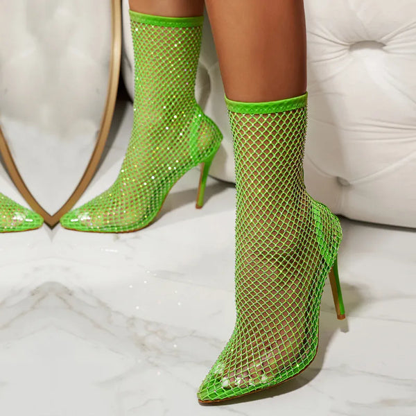 Sexy Yellow Green Mesh Ankle Boots Women