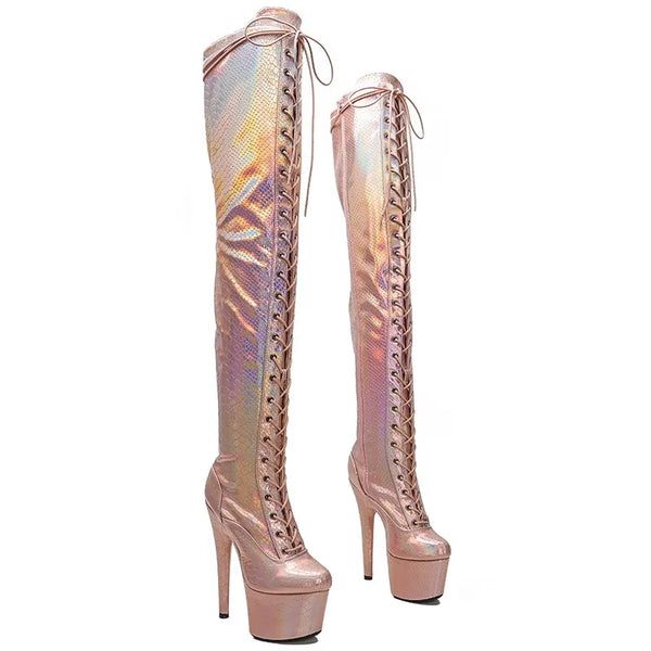 Botas largas de tacón alto con plataforma para fiesta de 17 cm/7 pulgadas para mujer
