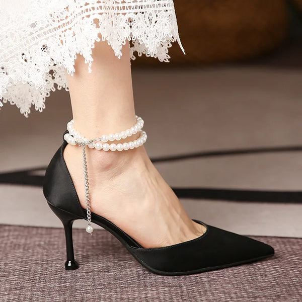 Women's Fashion Stiletto Strap Pearl Butterfly Pointed Toe High Heel Shoes Women's