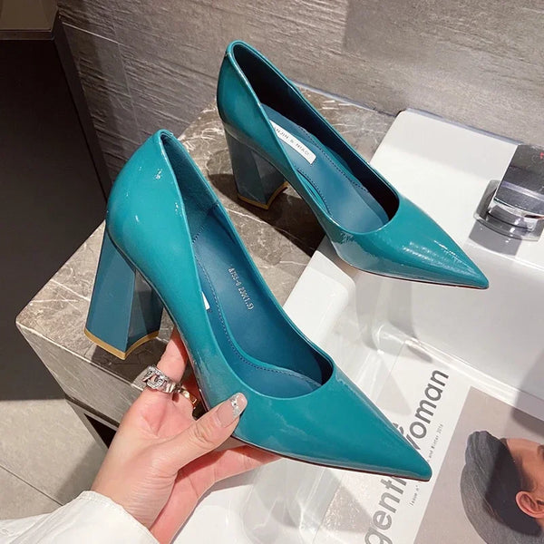 Women Shoes Patent Leather Slip-On Chunky Heels High Heels