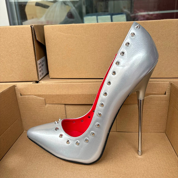 16cm Extreme Metal High Heels Red Inside Silver Rivets Sexy SM Drag Queen Pumps