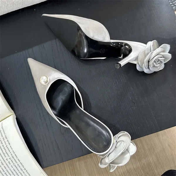 Designer Silk Flower Woman Pumps Fashion Shallow Pointed Toe Low Thin Heels Shoes