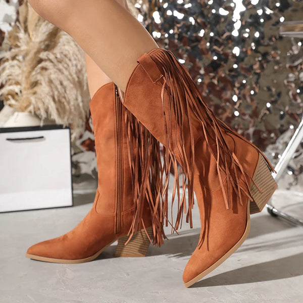 Fashion Zip Tassel Mid-Calf Western Cowboy Boots For Women