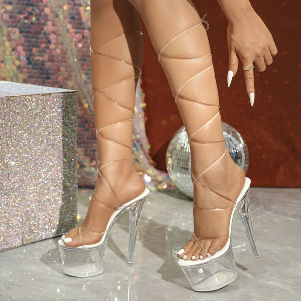 Sandalias de verano sexys para mujer, tacones altos finos transparentes de 17 cm