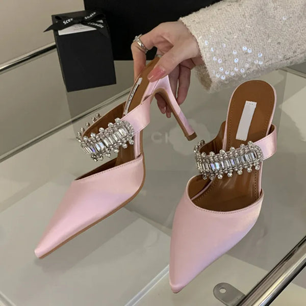 Zapatillas de satén con diamantes de imitación para mujer, elegantes tacones altos con punta puntiaguda