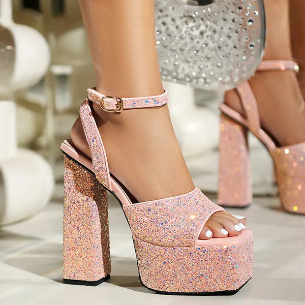 Summer High Heel Shoes Platform Square High Heel Ladies Sandals Bling PU Leather Open Toe  Women Shoes
