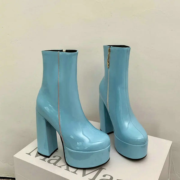 Women Ankle Boots Platform Square High Heel Ladies Short Boots