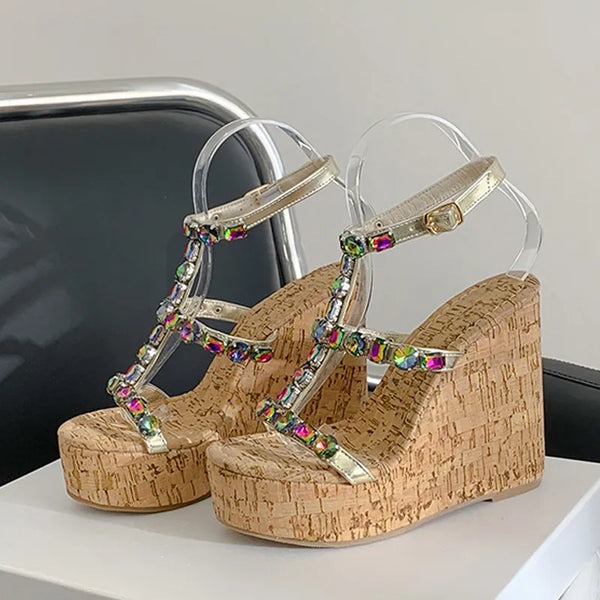 Fashion Color Rhinestone Women Platform Wedge Sandal