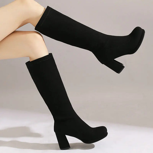 Winter Women Knee High Boots Platform Square Heel Ladies Calf Boots