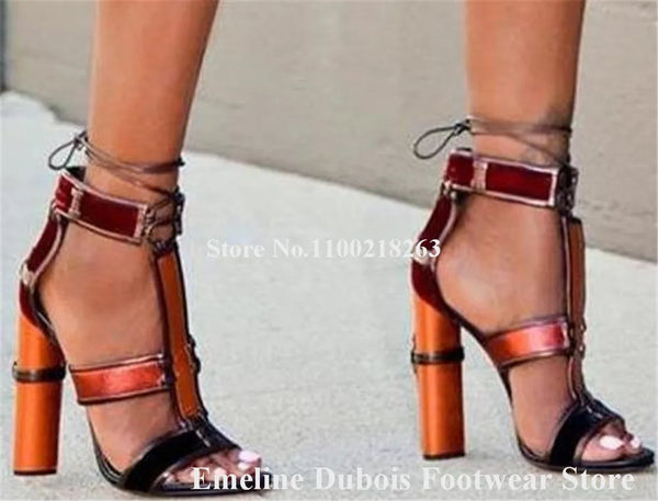 Mixed-colors Stripes Thick Heel Sandals Emeline Dubois Open Toe T-straps Patchwork Chunky Heel Sandals Dress Heels