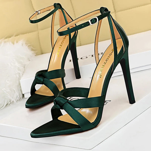 Sandalias de verano con tacones de aguja de 11 cm para mujer, zapatos de satén para mujer