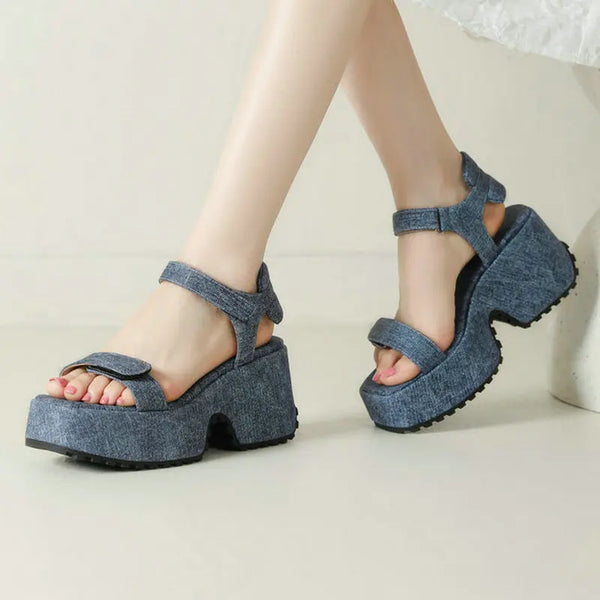Summer Women High Heel Shoes Platform Square High Heel Ladies Sandals  Leather Open Toe Buckle Dress Women Shoes