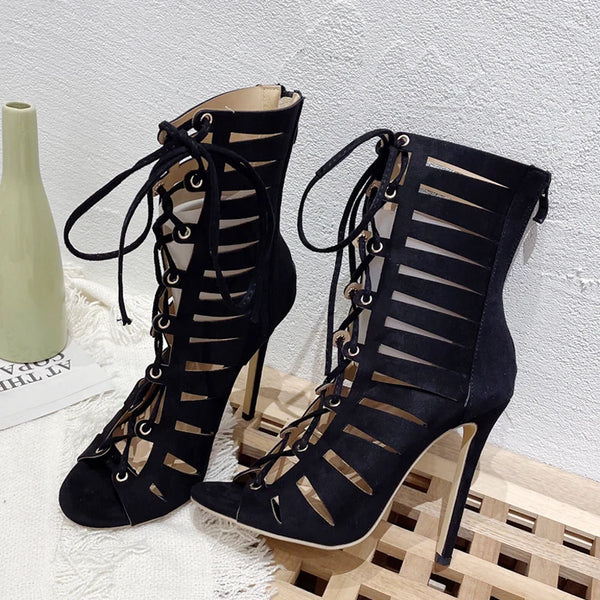 New Fashion Black Boots Cross-tied Sandals Sexy Thin Heels Woman Pumps