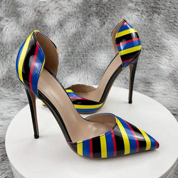 Zapatos de fiesta de tacón alto con estampado de rayas y tacones altos huecos para mujer