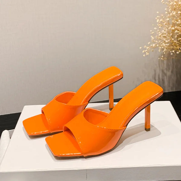 New Orange Patent Leather Square Toe Thin High Heels Slippers Summer