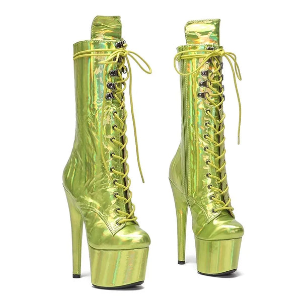Botas modernas de tacón alto con plataforma para fiesta, de PU, de 17 cm/7 pulgadas, para mujer