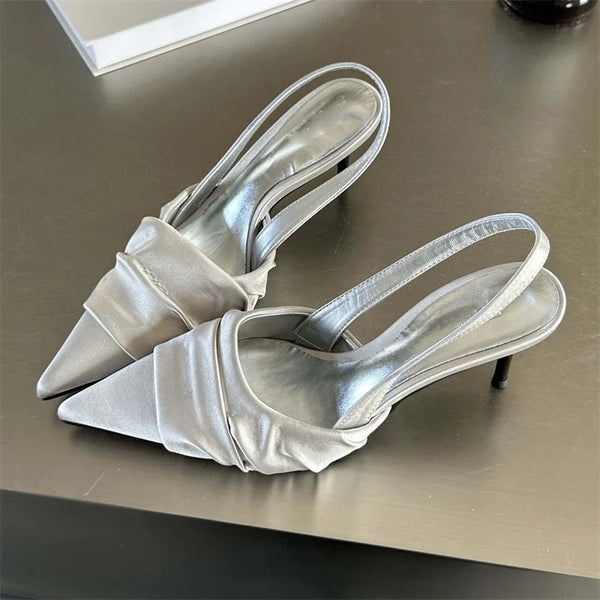 Satin Pleat Pointed Toe Women Pumps Slingbacks Thin Heels Shoes