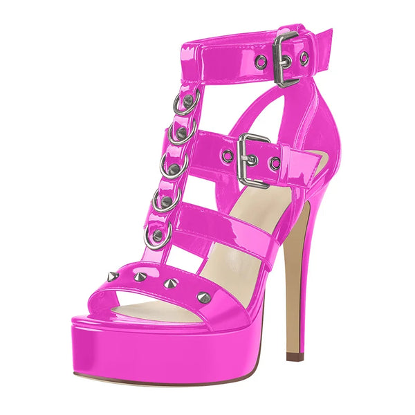 Sandalias de verano con punta abierta, remaches, hebilla de metal, decoración, correa estrecha, moda, tacón alto fino
