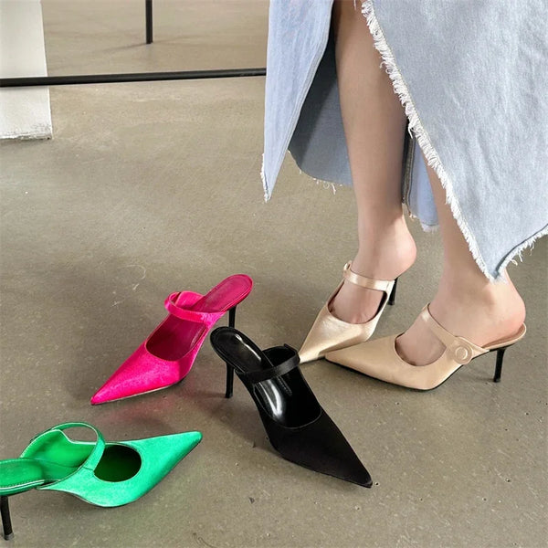 Satin Button Pointed Toe Pumps Women Slipper Fashion Shallow Thin High Heels