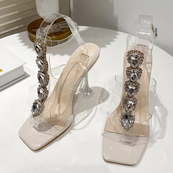 Sandalias de verano para fiesta de boda, de moda, con grandes cristales y tacones altos de imitación.