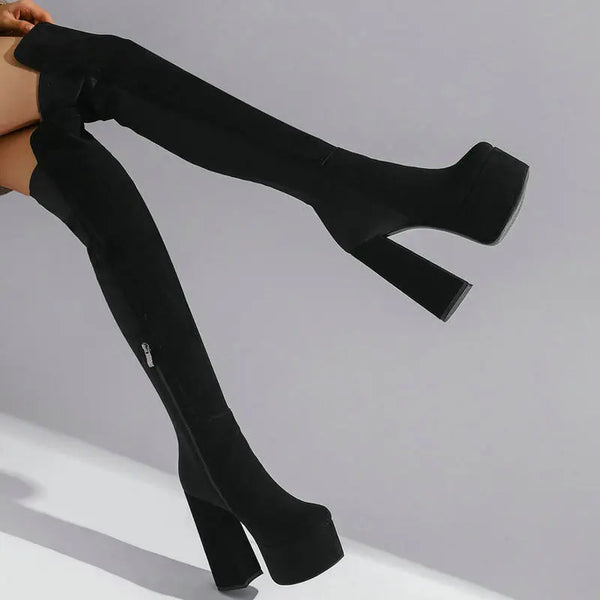 Over the Knee Boots Platform Square High Heel Ladies Thigh Boots PU Leather Round Toe Side Zipper Fashion Women's Boo