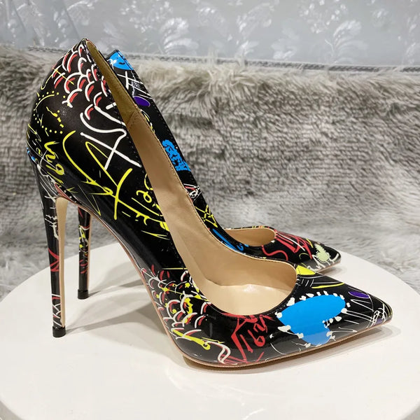 Tacones altos con grafiti artístico para mujer de 12 cm, tacones negros sexys con punta de aguja.