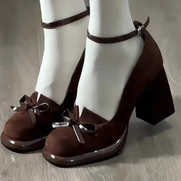 Spring Pumps Chunky High Heels Shoes for Ladies New Bows Suede Fashion Heels