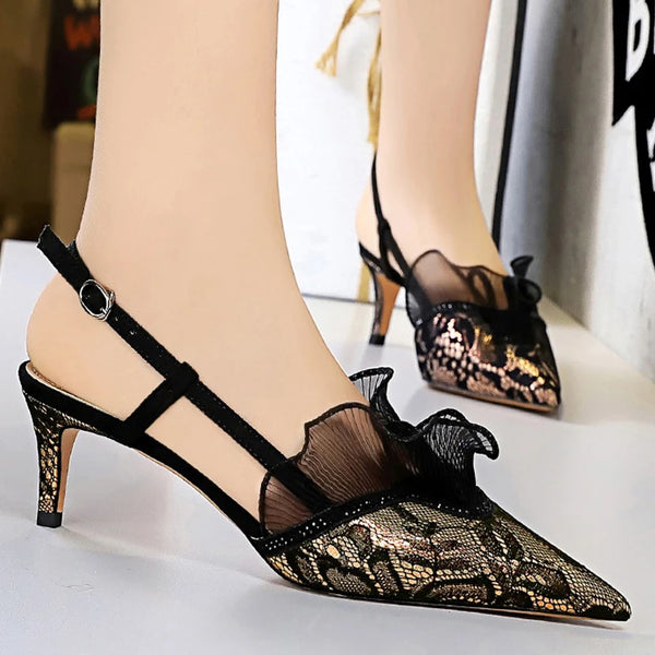 Fashion Women Sandals Mesh Lace Sexy Kitten Heels 5 Cm 9 Cm Women Pumps