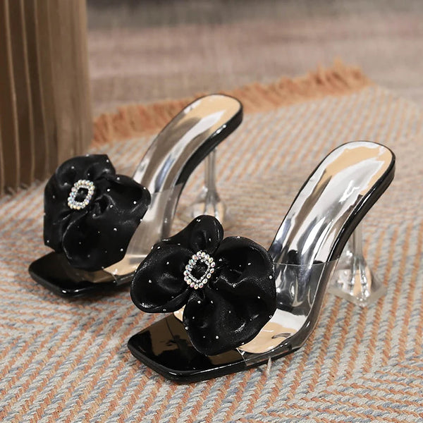 PVC Transparent Slippers For Woman Colour Rhinestone Buckle Bowknot High Heels