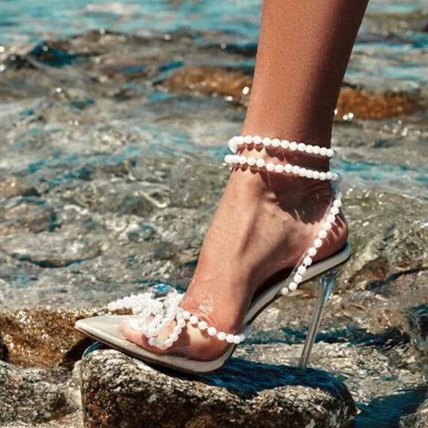 Tacones altos transparentes con cuentas blancas sexys para mujer para verano