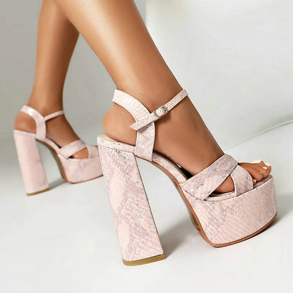 Summer Women  Platform Square High Heel Ladies Sandals PU Leather Open Toe Buckle Dress Fashion Women Shoes
