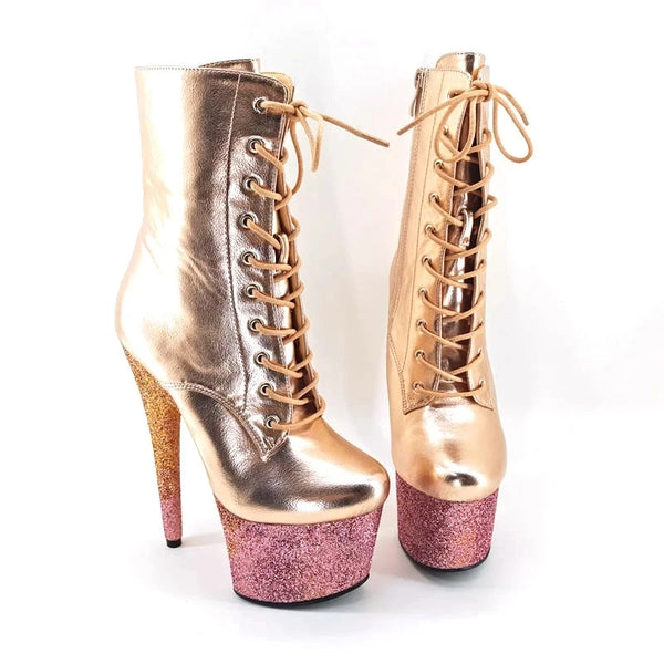 Botas de tacón alto con plataforma para mujer, de 17 cm/7 pulgadas, de material dorado brillante, para fiesta